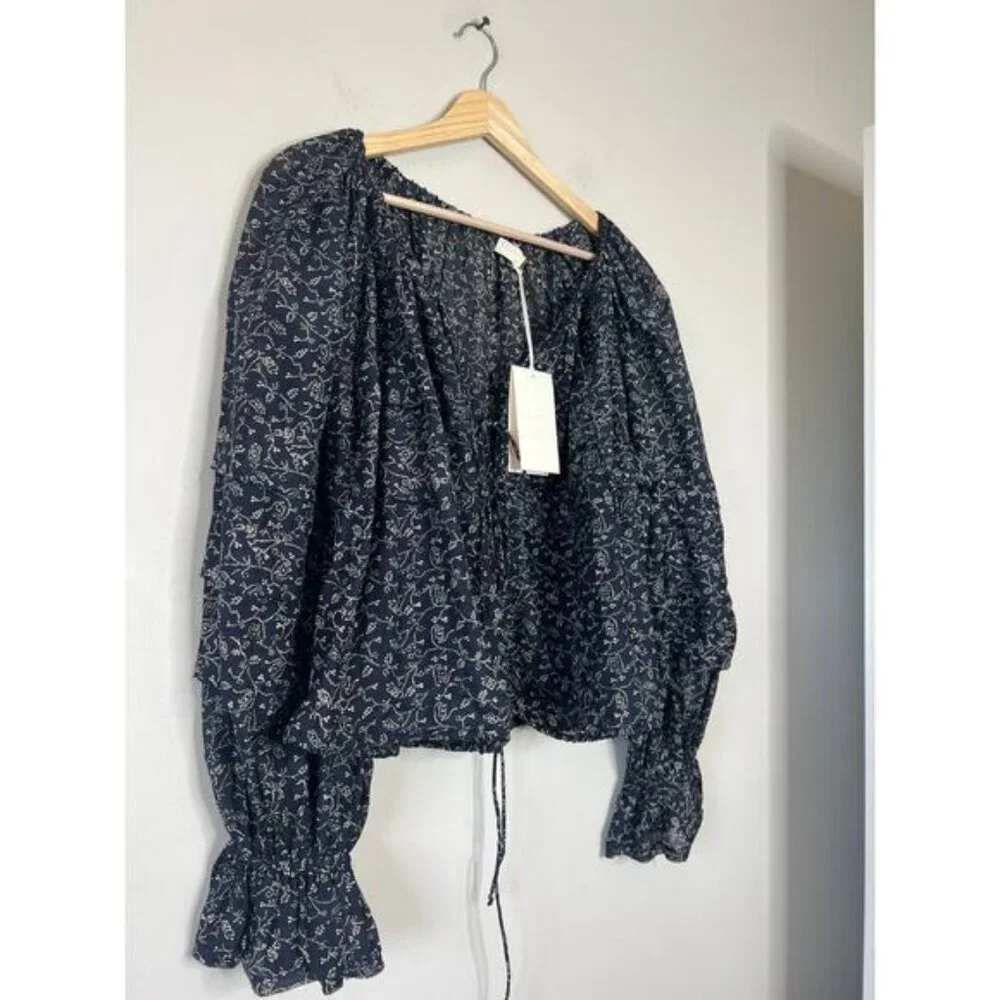 NWT Ulla Johnson Cora Puff-Sleeve Tie Layered Boat Neck Blouse Navy Blue Size: 2